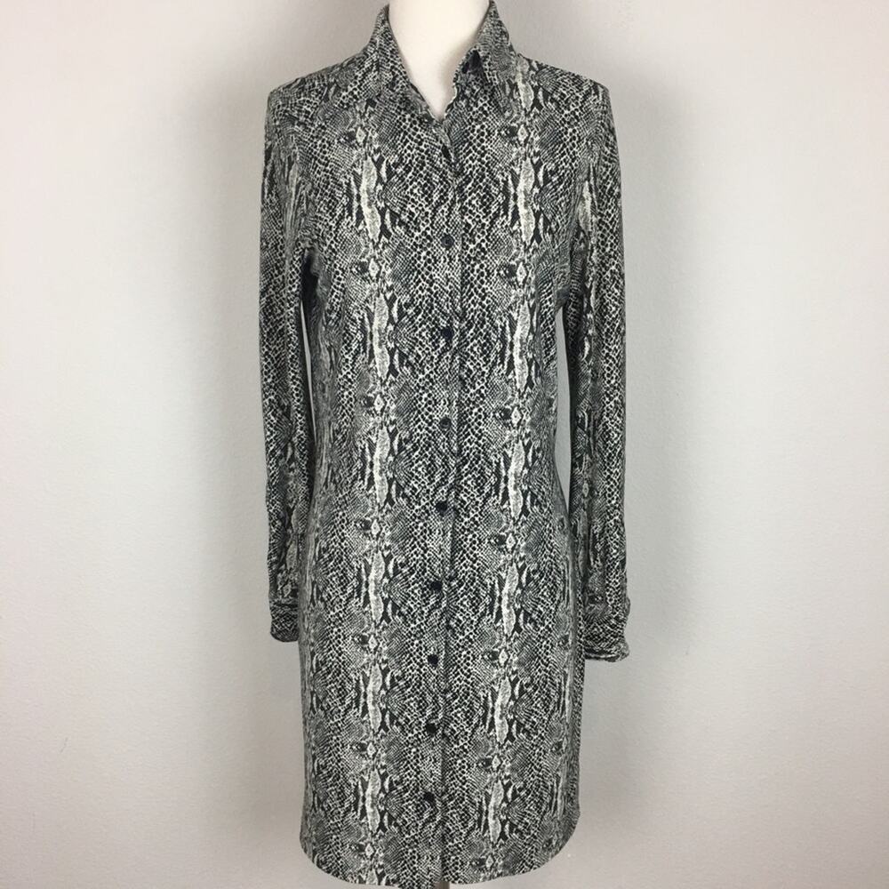 Norma Kamali Black & Off White Snake Print Button Front Long Sleeve Dress Small - Picture 2 of 7